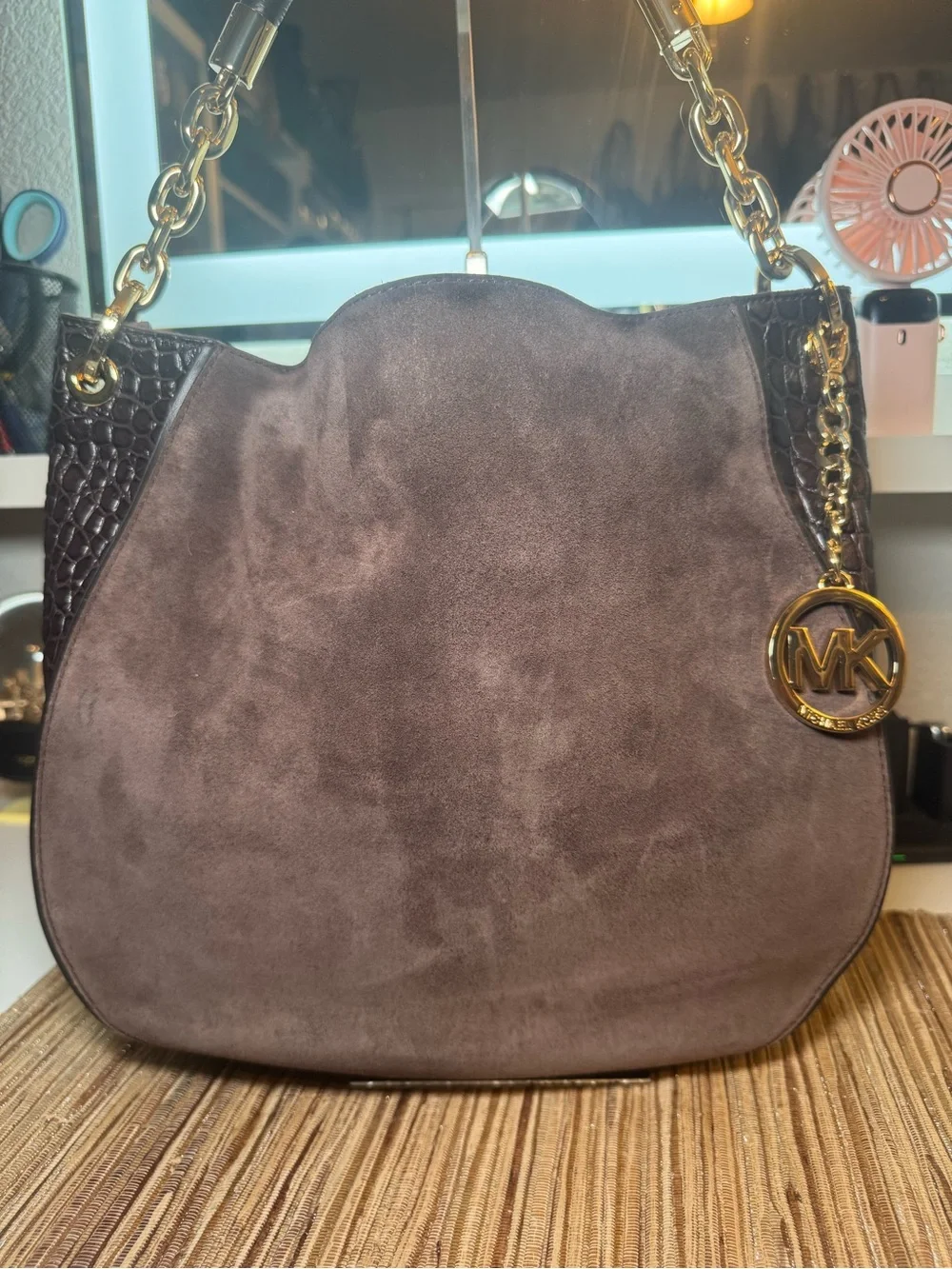 Michael Kors Taupe Suede Hobo with Gold MK Charm